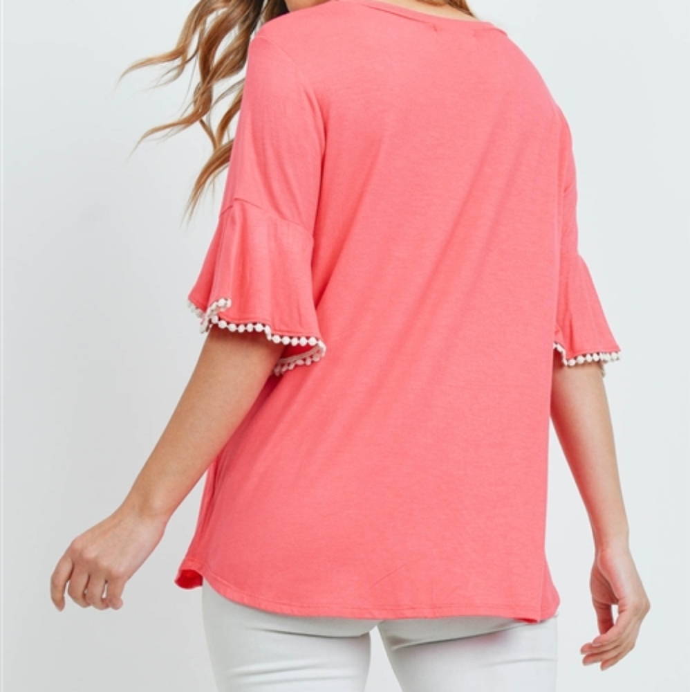 Coral Bell Flutter Sleeve Top with PomPom Details - Picture 2 of 4